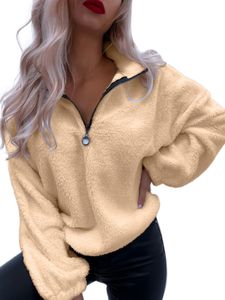 Damen Reverskragen Sweatshirt Holiday Fuzzy Fleece Pullover Gegen Neck Reißverschluss T-Shirt,Farbe:Gelb,Größe:M
