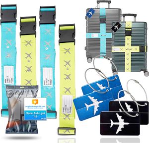 4er Kofferband & 4er Kofferanhänger Set farbig - als Adressanhänger für Koffer & Gepäck - Koffergurte zum Reisen & Fliegen