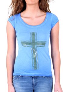 Tazzio T-Shirt Damen Artwork Crucifix Kreuz Shirt TZ-710 Blau S