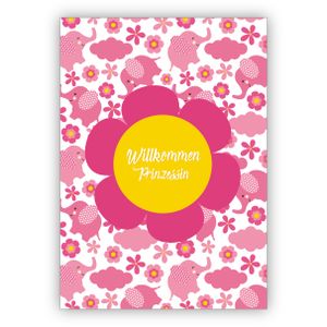 4x Niedliche Retro Babykarte als Glückwunsch zum Baby Mädchen mit Elefanten und Blümchen in rosa : Willkommen Prinzessin