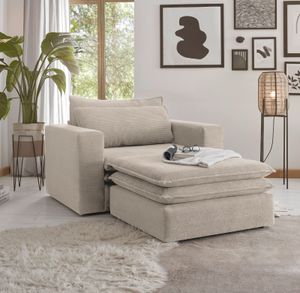 Loveseat Sessel Set "Pesaro" in beige Cord Couch Loungesessel inklusive Hocker