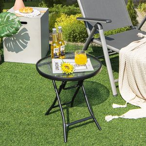 COSTWAY Malý bistro stolek, skládací stolek, kulatý zahradní stolek φ46 cm, konferenční stolek s deskou z tvrzeného skla, balkonový stolek na terasu, balkon, zahradu