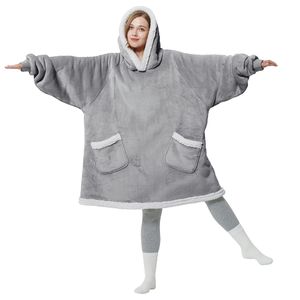 M&J Übergroßer Fleece-/Flanell-Hoodie als Kuscheldecke, Riesen Hoodie/Sweatshirt XXL mit Fronttaschen, hellgrau