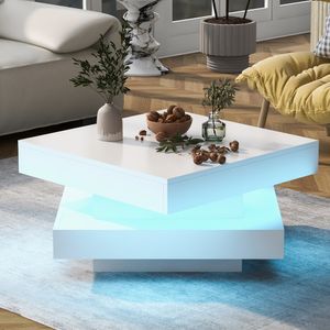 Merax Couchtisch mit LED, Beistelltisch hochglanz mit drehbarer Tischplatte, Wohnzimmertisch Kaffetisch 70x70x36 cm, Weiß