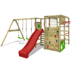 FATMOOSE Klettergerüst Spielturm ActionArena mit Schaukel & Rutsche, Gartenspielgerät mit Leiter & Spiel-Zubehör - rot