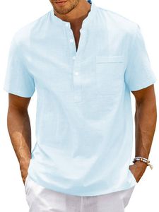 Leinenhemd Herren Hemden Baumwolle Leinen Shirts Kurzarm Tops Regular Fit Freizeithemd Himmelblau,Größe XL