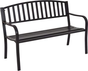 KOMFOTTEU 2místná ocelová lavice, zahradní lavice s opěradlem a područkami, nosnost až 280 kg, lavice na zahradu, balkon, terasu, 127 x 60 x 87 cm, černá barva