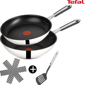 Tefal E30 Jamie Oliver Pfannenset Induktion 4 tlg -SET10- hohe Wok 28 cm asiatisch, Pfanne 24cm hoch, Antihaft-beschichtet, Rostfreier Stahl Wokpfanne