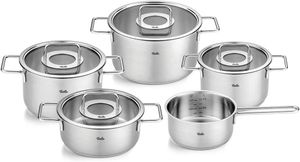Fissler Pure Collection / Edelstahl-Kochtopfset, 5-teilig, Töpfe mit Glas-Deckel (3 Kochtöpfe,1 Bratentopf 1 Stielkasserolle) - Induktion