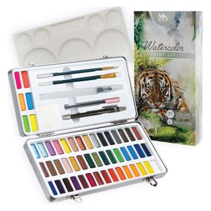 MozArt Supplies Aquarellfarben-Set 51 lebendige Farben + Zubehör Aquarellkasten Wasserfarben Kasten