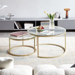 H.J WeDoo Konferenční stolek Sada 2 bočních stolků Stůl do obývacího pokoje Pohovka Kulatý stůl Ø80 x 45 cm Zlatá barva