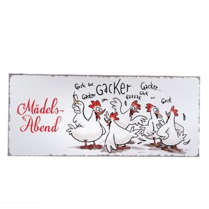 Blechschild, Schild "Mädelsabend" lustiges Wandschild, gackernde Hühner 13x31