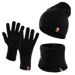 Herren Wintermütze Schlauchschal Handschuhe 3 teiliges Set | Warme Winter Mütze Schal Winterhandschuhe Schwarz