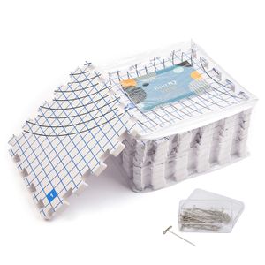 KnitIQ Spannmatten Häkel-Set – 9 extra dicke 1,9cm tiefe Spannunterlagen mit konzentrischen Kreisen und Rasterlinien, 32x32cm, 100 rostfreie T-Nadeln und Stautasche für Häkeln Lace Sticken