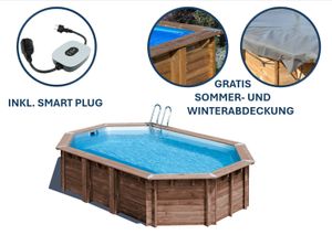 GRE Ovaler Echtholzpool MACADAMIA, 632 x 335 x 130 cm + Smart Plug + GRATIS Sommer und Winterabdeckungen