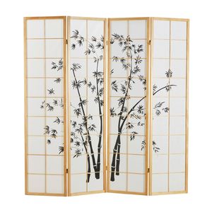 Homestyle4u 312, Paravent Raumteiler 4 teilig, Holz Natur, Reispapier Weiß Motiv Bambus, Höhe 179 cm