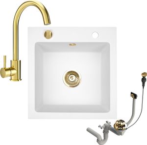 [Granitspüle 48x50 mit Armatur Gold Weiß] Hochwertig beidseitig Montierbar Küchenspüle Eckig Einbaugranitspüle Granit Spülbecken f. Unterschränke ab 45 cm inkl. Siphon Set