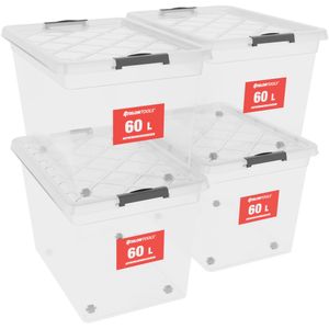 ATHLON TOOLS 4x 60 L Aufbewahrungsboxen mit Deckel, lebensmittelecht - Verschlussclips - 100% Neumaterial Plastik-Box transparent