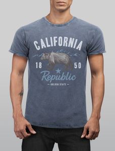 Herren Vintage Shirt California Sommer Summer Golden State USA Bär Bear Printshirt T-Shirt Aufdruck Used Look Neverless® blau XL