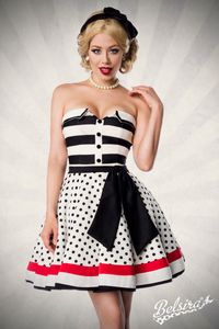 Belsira Damen Sommerkleid Partykleid Vintage Kleid Retro 50s 60s Rockabilly trägerlos, Größe:XL, Farbe:weiß/schwarz/rot