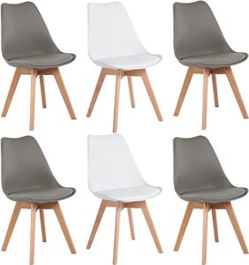 IPOTIUS Sada 6 jídelních židlí s masivní bukovou nohou, skandinávský design Čalouněné kuchyňské židle ze dřeva, 4 šedé + 2 bílé