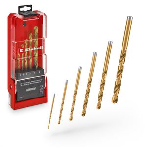 Original Einhell 6-tlg. HSS-G Titan Metallbohrer-Set (im Ganzen geschliffener HSS 4341 Stahl, titanbeschichtet, 135°-Split-Point-Spitze, gefräste Typ N Spirale, Rundschaft)