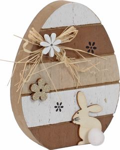 Holz Osterei mit Hase & Verzierung in Braun/Weiß, 12 cm