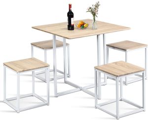 GOPLUS 5-teilige Sitzgruppe mit 1 Tisch & 4 Stühle, Tischset aus Metallgestell und Holz, platzsparendes Verstauen, X-f?rmige Struktur für Stabilit?t, Esstischgruppe für Küche, Balkon, Natur