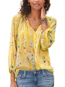 Damen Elegante V-Ausschnitt Tops Sommer Casual Rüschen Tunika Shirt Lose Shirts,Farbe: Gelb,Größe:2XL