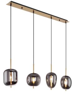 Globo Lighting Hängeleuchte Metall messingfarben, matt, Glas, Kabel PVC Schwarz, Höhe kürzbar, 4 Hänger mit unterschiedlichen Gläser, LxBxH: 1100x185x1200mm, exkl. 4x E14 40W 230V