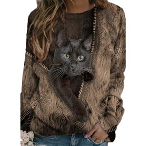 Damen Plus Size Cat Print Casual Langarm Top T Shirt Pullover Top,Farbe:Braun,Größe:L