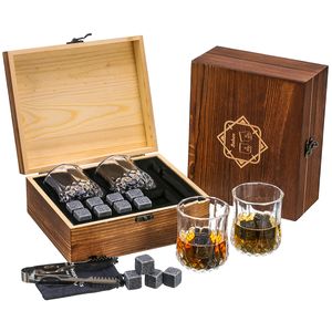 Whisky Stein Set, Wiederverwendbare Eiswürfel, 8 Eissteine und 2 * 200ml Whiskygläser, Edelstahlclips und Tasche aus Fleece, Geschenk Box aus Holz
