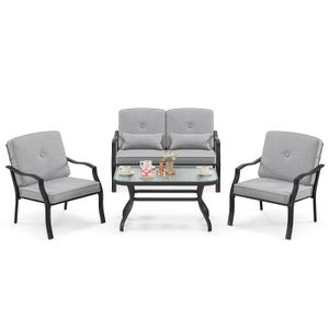COSTWAY 4-tlg. Gartenmöbel Set inkl. 2 Stühlen, Bank, Tisch, Sitzgarnitur mit Kissen für 4 Personen