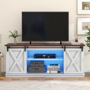 Merax Lowboard TV-Schrank mit LED, verstellbaren Einlegeböden und Schiebetüren, 150cm breit, weiß im Landhausstil