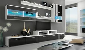 Skraut Home - Glanzlack Wohnwand, Wohnzimmer, Wohnzimmerschrank, Anbauwand, Esszimmer mit LEDs, weiß matt und schwarz lackiert, Maße: 250 x 194 x 42 cm, Tiefe.