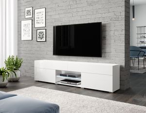 MINIO TV-Schränke 180 cm CARE Lowboard mit LED-Beleuchtung | Weiß / Weiß Hochglanz