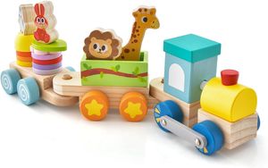 COSTWAY 3dílná dřevěná vlaková souprava, dětský dřevěný vláček stohovatelný se stavebními bloky a barevnými figurkami zvířat, vzdělávací stavebnice vlakových lokomotiv pro chlapce a dívky od 3 let