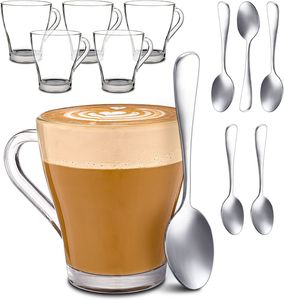 Cosumy 6 Cappuccino Gläser mit Henkel und Löffel - 250ml - Hält lange warm - Ideale Größe für Kaffeevollautomaten - Spülmaschinenfest