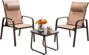 COSTWAY 3tlg. Sitzgruppe, Gartentisch aus Hartglas + 2 stapelbare Stühle mit 3-fach verstellbarer Rückenlehne & Kopfstütze, Gartengarnitur,  Balkonset Braun