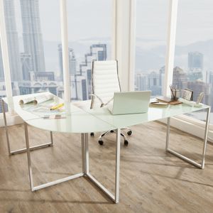 cagü: Design Glas-Eckschreibtisch Schreibtisch [MANHATTAN] Weiß mit weißem Gestell 180cm x 160cm - Beidseitig aufbaubar!