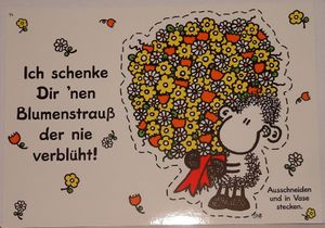 Sheepworld - 50585 - Postkarte, Nr. 14, Schaf, Ich schenke Dir ´nen Blumenstrauß der nie verblüht! Ausschneiden und in Vase stecken., Pappe