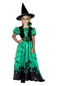 Kinder Kostüm Hexenkleid Hexe Kleid lang grün schwarz Halloween Fasching Gr. 164