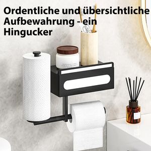 MAJA DESIGN Toilettenpapierhalter mit Schublade inkl. 2 Papierhalter, WC Klorollenhalter mit Ablage, mit Spiegel-Deko, Wandmontage ohne Bohren, schwarz