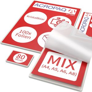 ACROPAQ Laminierfolien MIX - 80 mic, 100 Stück  (A4, A5, A6, je 20 Stück, A8-Visitenkartenformat, 40 Stück), Glaenzend, Abgerundete Ecken - 18023