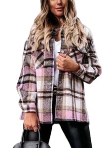 Damenmode Karierter Mantel Button-up Reverskragen Winter Warmer Mantel Outwear Tops,Farbe: Rosa,Größe:M