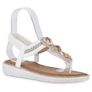 VAN HILL Damen Zehentrenner Sandalen Strass Zehenstegsandalen Sommer Schuhe 841235, Farbe: Weiß, Größe: 38