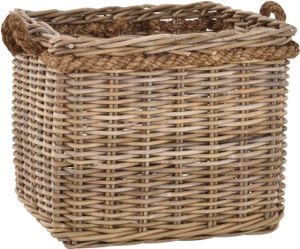 KRINES HOME Großer Pflanzkorb/Holzkorb quadratisch aus grauem Natur Rattan 50x50cm mit Seilrand / geflochtener Übertopf aus Rattan / Größe XL auch als Holzkorb einsetzbar -  in DE