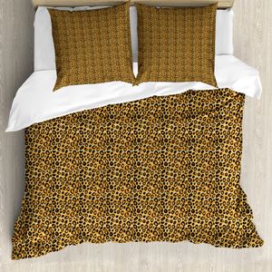 ABAKUHAUS Leopard-Druck Bettbezug, Wilde Feline Tile, Milbensicher Allergiker geeignet mit Kissenbezügen, 155 cm x 220 cm - 80 x 80 cm, Orange Schwarz