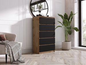 Komodenschrank mit 5 Schubladen, Farbe: WOTAN EICHE/SCHWARZ, A: 70 x 125 x 39 cm, Schubladenkommode, Kommode mit Schubladen, Sideboard Wohnzimmer, Schlafzimmer Kommode, Kommode Schwarz, Kommode Flur, Highboard