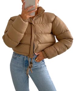ASKSA Damen Puffer Jacke Kurz Stehkragen Gesteppte Cropped Dicke Winterjacke Outdoor, Khaki, S